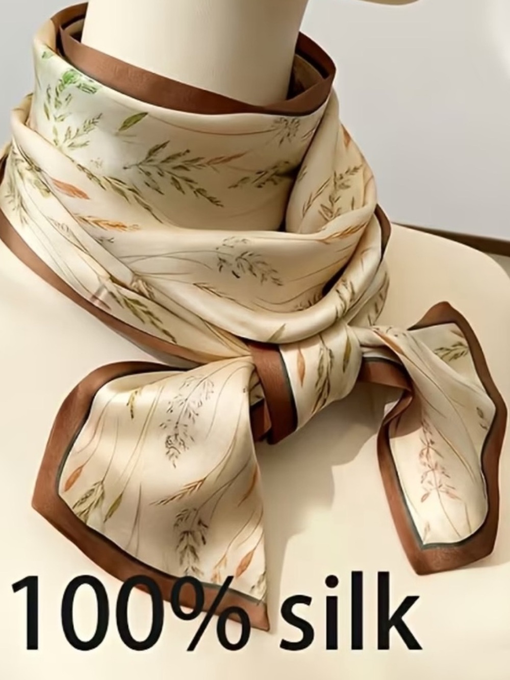 Elegant Cream Botanical Silk Neck Scarf with Brown Border